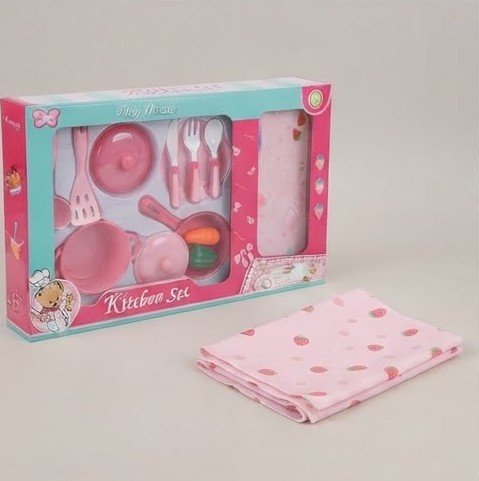 Kids Pink Kitchen Play Set with Pots, Utensils & Food Mat - Image 2