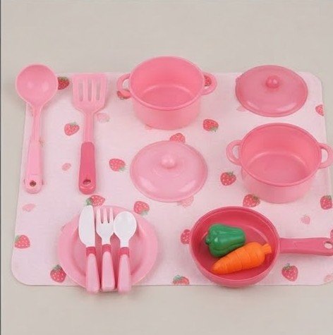 Kids Pink Kitchen Play Set with Pots, Utensils & Food Mat - Image 3