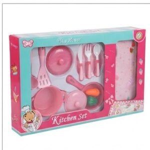 Kids Pink Kitchen Play Set with Pots, Utensils & Food Mat