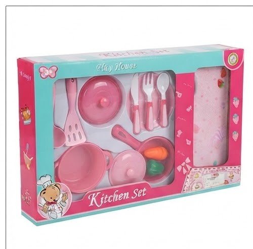 Kids Pink Kitchen Play Set with Pots, Utensils & Food Mat