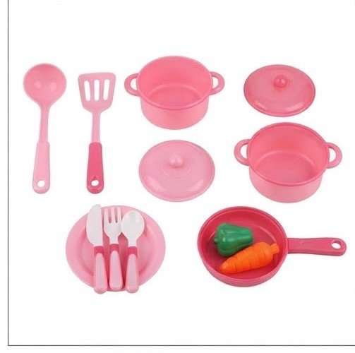 Kids Pink Kitchen Play Set with Pots, Utensils & Food Mat - Image 4