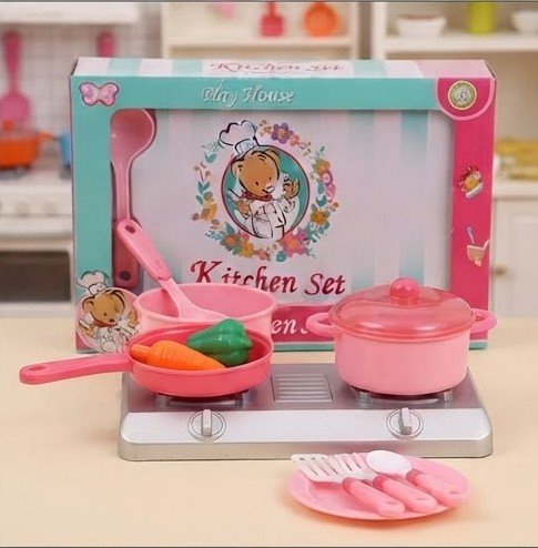 Kids Pink Kitchen Play Set with Pots, Utensils & Food Mat - Image 5