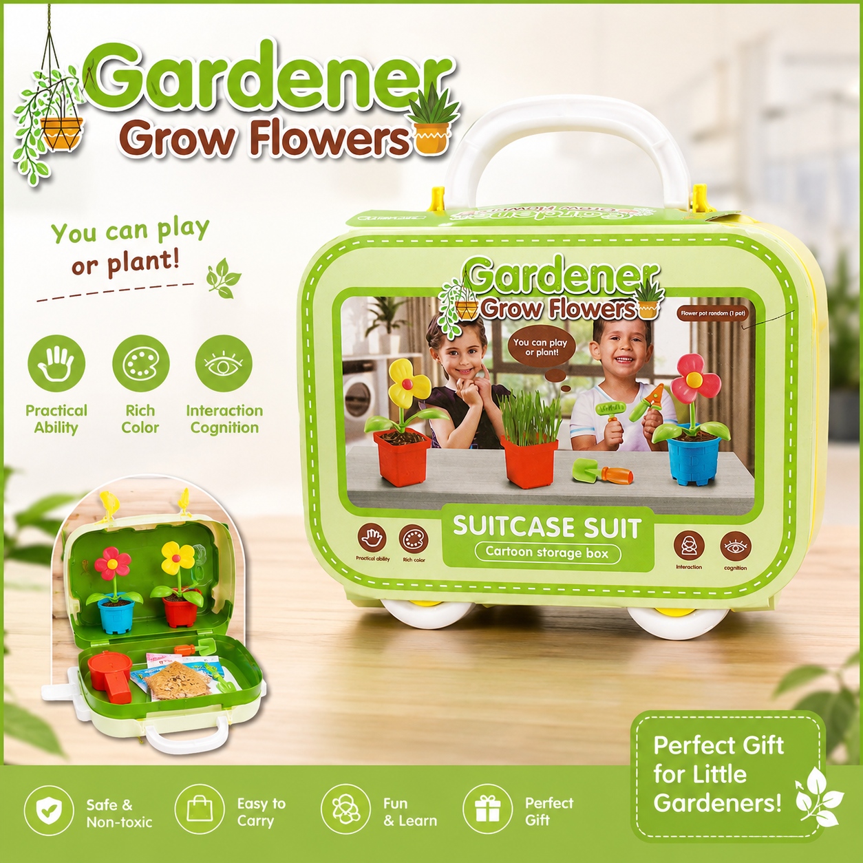 Gardener Grow Flowers Kids Gardening Suitcase Suit and Plant Playset